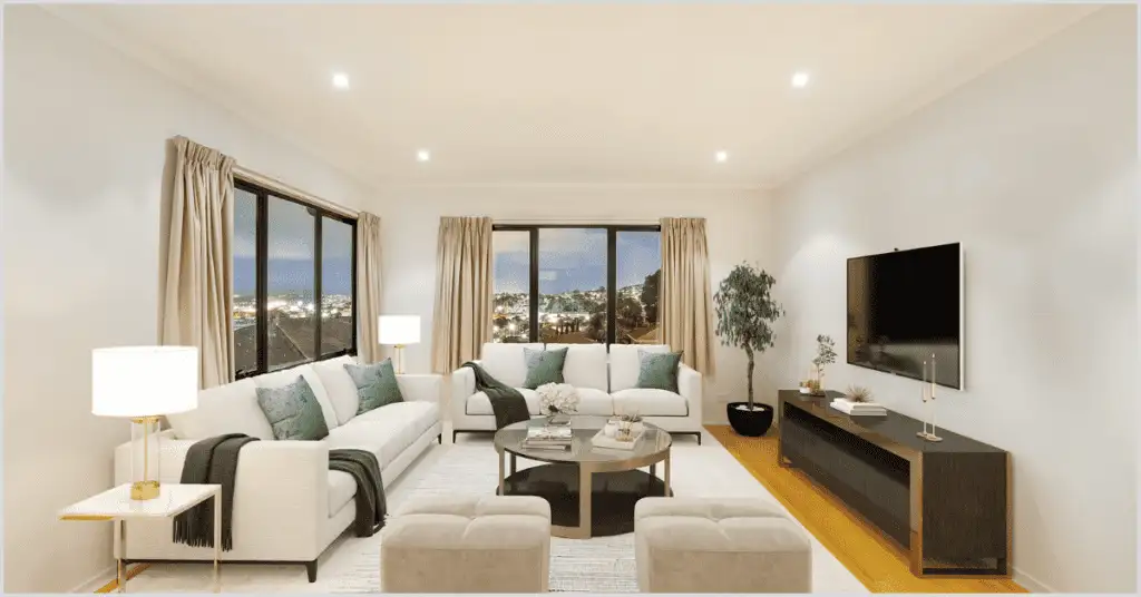 A spotless living room featuring a cozy sofa, a modern table, an LED TV, and a stylish lamp, showcasing the importance of deep cleaning in living room staging.