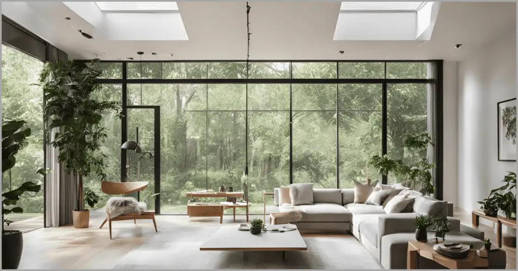 An interior space with a large window and wooden furniture, reflecting the open and airy concept of American Style Interior.