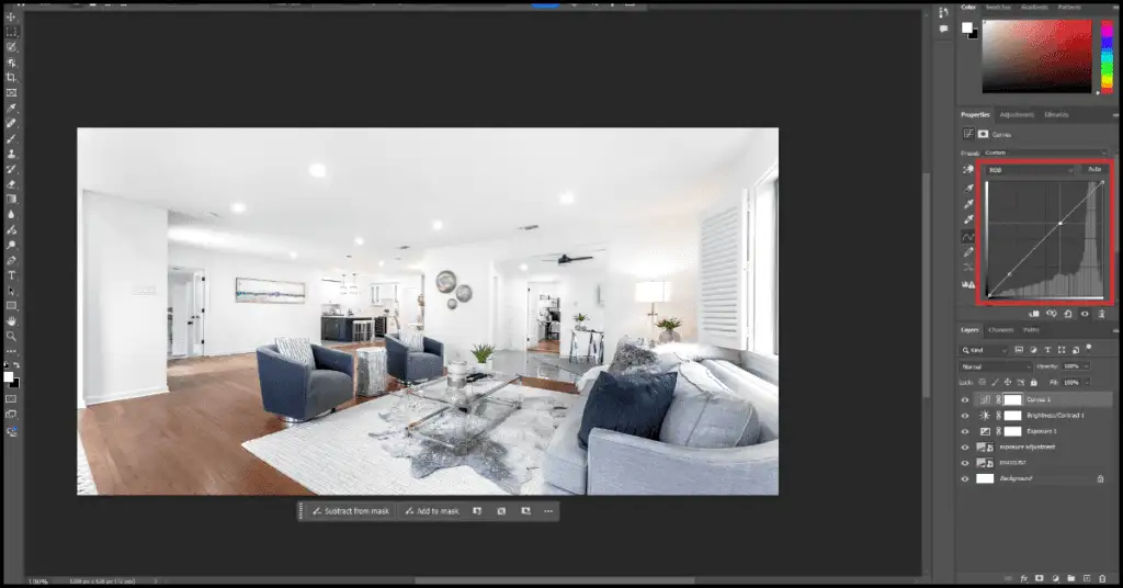 Photoshop interface displaying a home interior image with a red line highlighting the Curves Adjustment Layer.