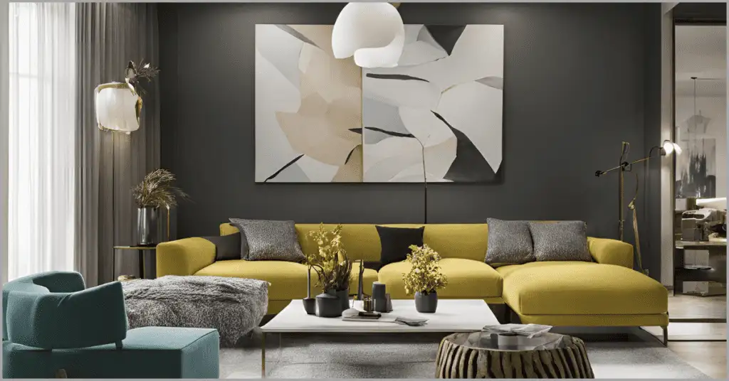 A beautifully staged living room featuring a cozy sofa, a sleek table, a stylish lamp, and warm lighting, highlighting key features in expert living room staging.