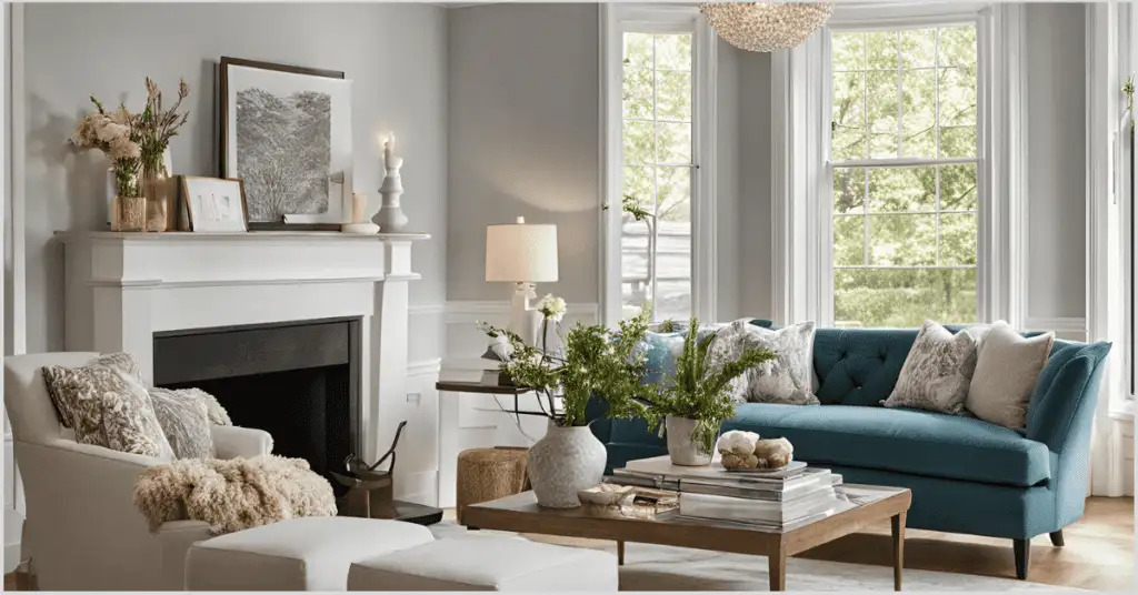 A well-staged living room featuring a cozy sofa, a stylish table, a decorative flower pot, and elegant cushions, highlighting the room’s potential through expert living room staging.