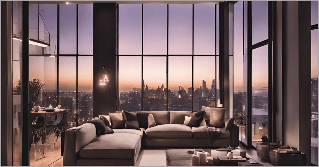 A stylish interior home at dusk with large windows showcasing the tranquil outdoor scenery, enhanced by filtered photography to highlight both indoor warmth and exterior beauty.