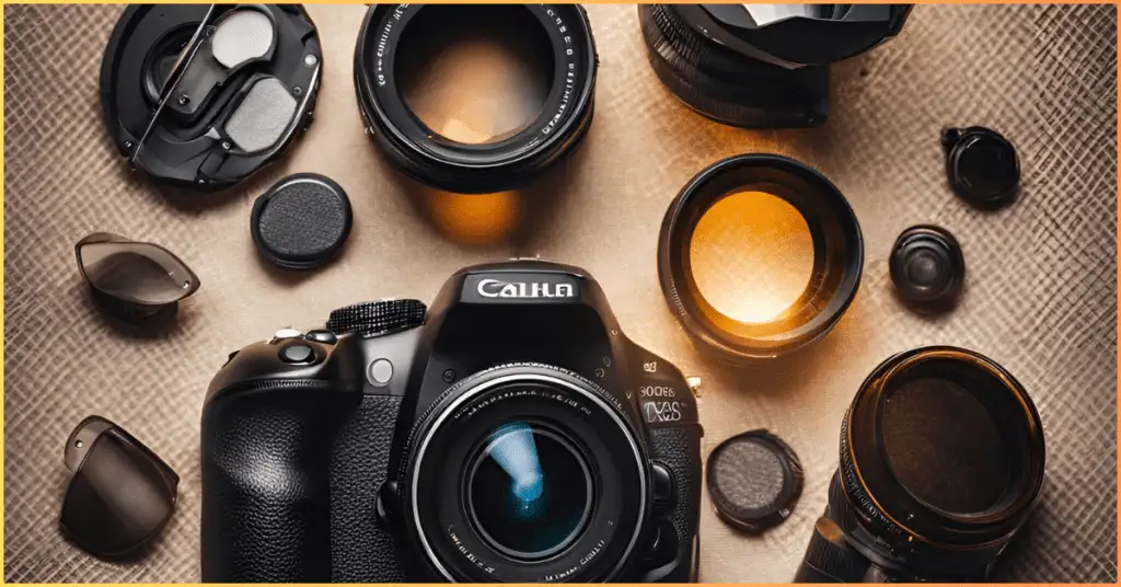 Cameras and photography equipment on a table, including lens filters used to eliminate lens flare.