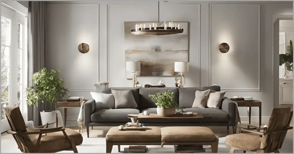 A well-balanced American-style interior featuring a mix of classic furniture and a modern table, showcasing the contrast between older styles and contemporary touches through rich textural layers.