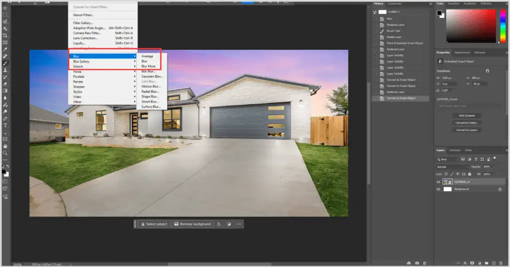 Photoshop interface applying smart filters to a smart object.