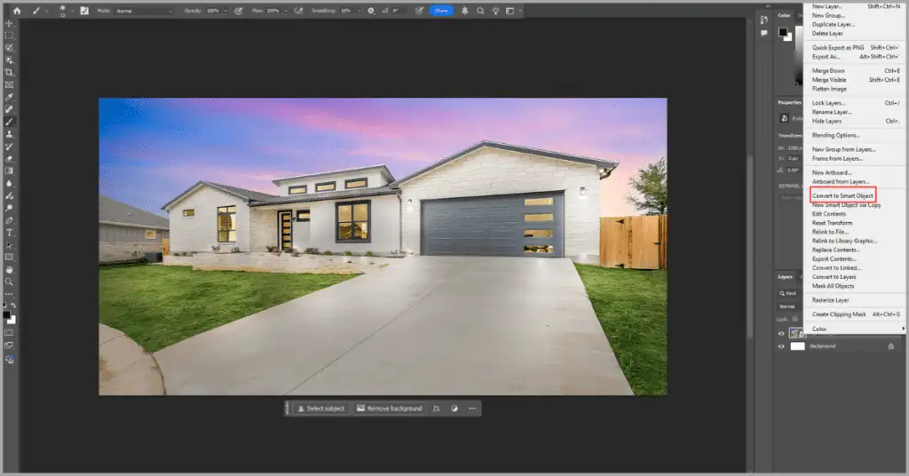 Photoshop interface editing a home image using a smart object in Photoshop.