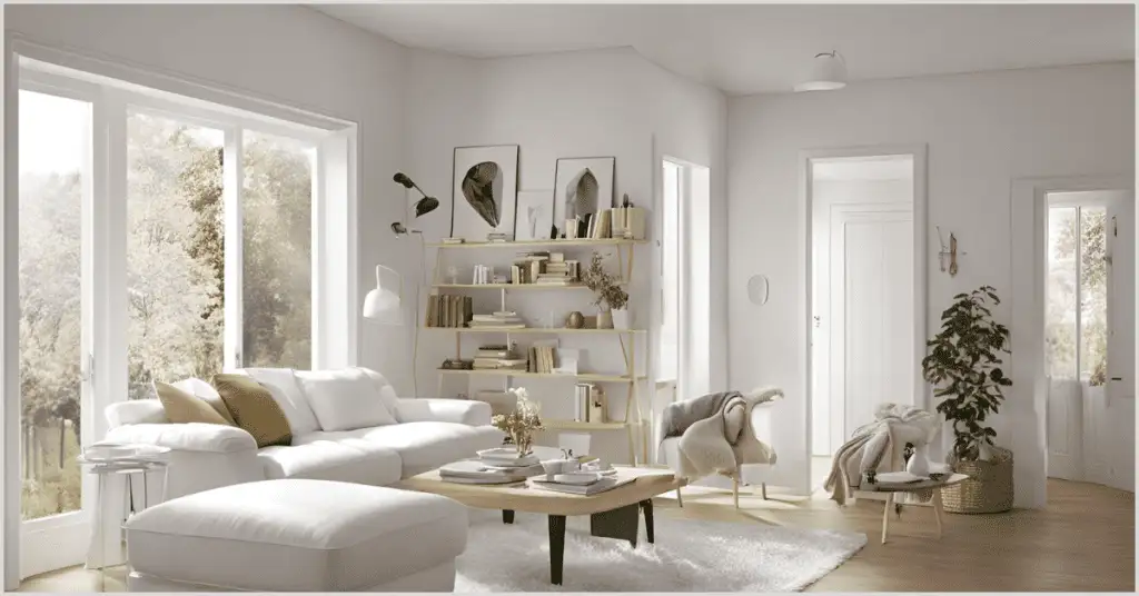 A living room featuring a white wall and white sofa, showcasing a neutral base design in American Style Interior.
