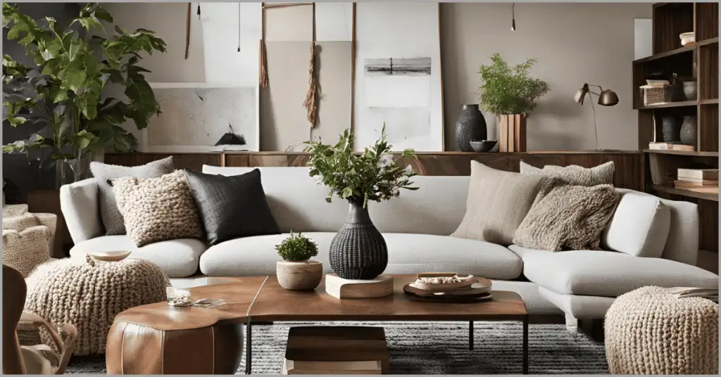 A stylish American-style interior featuring a cozy sofa, a wooden table, a classic table lamp, and a glass table adorned with fresh flowers, showcasing rich textural layers for a warm and inviting ambiance.