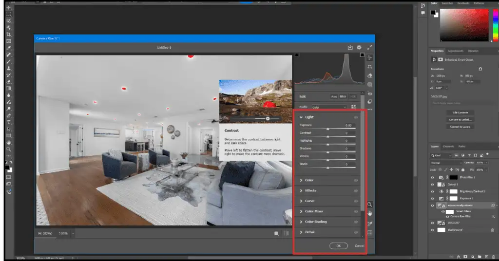 Photoshop interface displaying a home interior image being edited using the Camera Raw Filter.