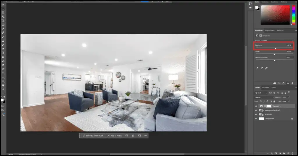 Photoshop interface showing a home interior image with a red line highlighting the exposure adjustment.