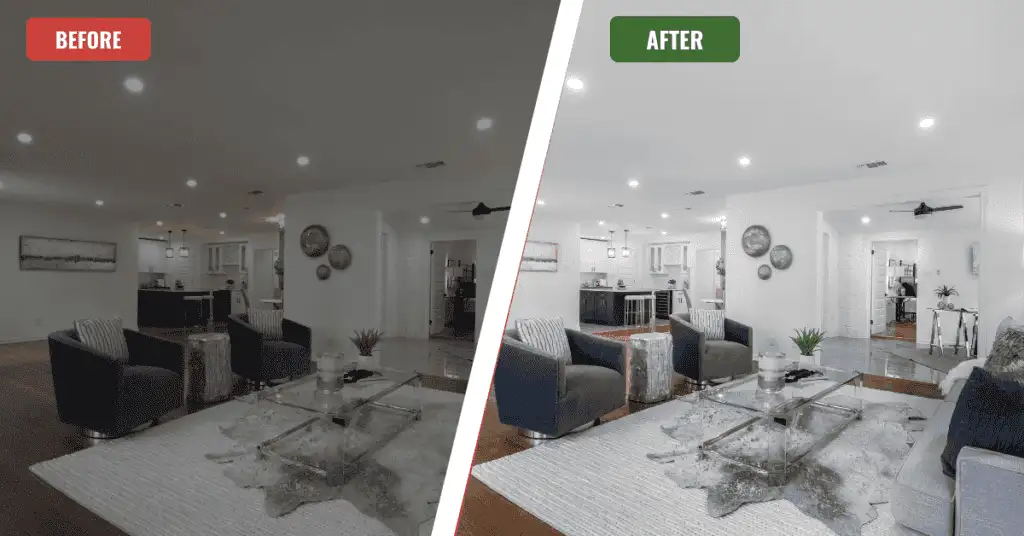 Before and after interior home photo showing exposure adjustments in Photoshop