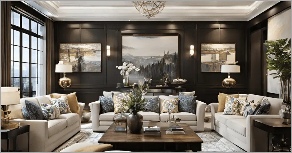 A beautifully designed American-style interior featuring wooden elements, a cozy sofa, a stylish table lamp, a glass table, and a floral arrangement, creating a warm and inviting atmosphere.