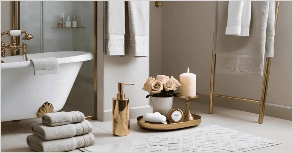 A beautifully staged bathroom featuring a rose flower pot, a gold chrome shampoo bottle, and an elegant soap, creating a luxurious and inviting atmosphere.