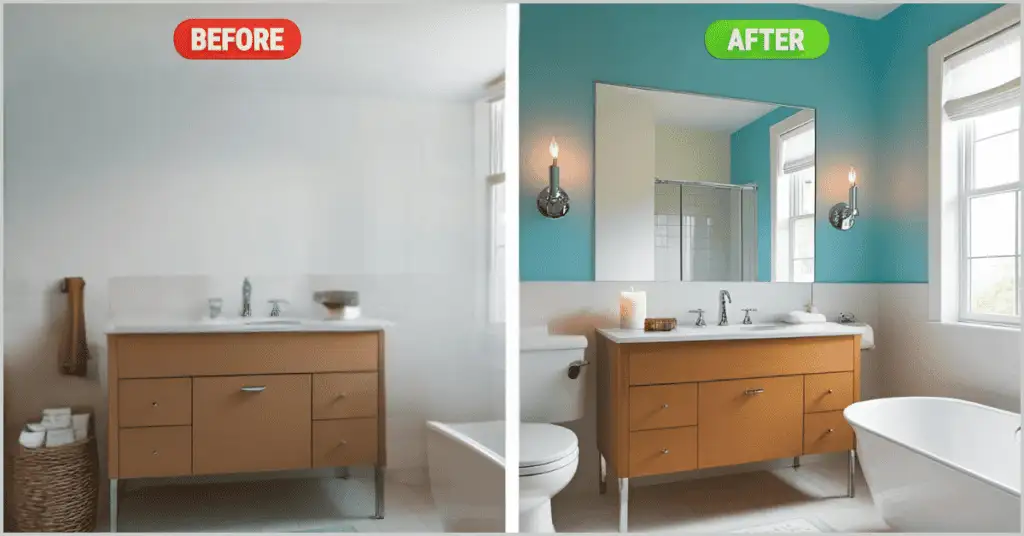 A before-and-after comparison of bathroom staging, showing a transformed space with fresh wall paint, elegant candles, and a stylish mirror for a more inviting look.