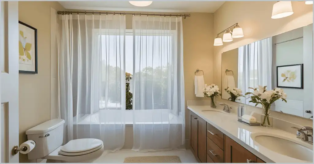 A beautifully staged bathroom featuring soft lighting, elegant wall art, stylish curtains, and a decorative flower pot, creating a bright and inviting atmosphere.