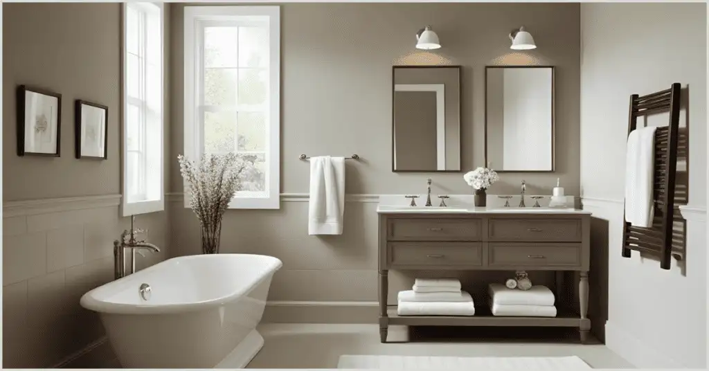 A beautifully staged bathroom featuring a large mirror, neatly folded towels, and an elegant washbasin table, creating a clean and inviting space.