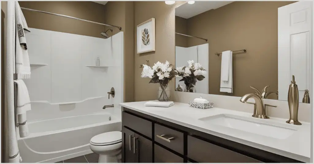 A beautifully staged bathroom featuring a chrome faucet, a stylish flower pot, and warm lighting that enhances the modern and inviting ambiance.