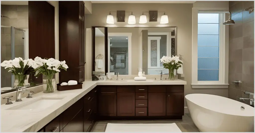 A beautifully staged bathroom featuring soft lighting, elegant curtains, and a decorative flower pot, creating a relaxing and spa-like ambiance.