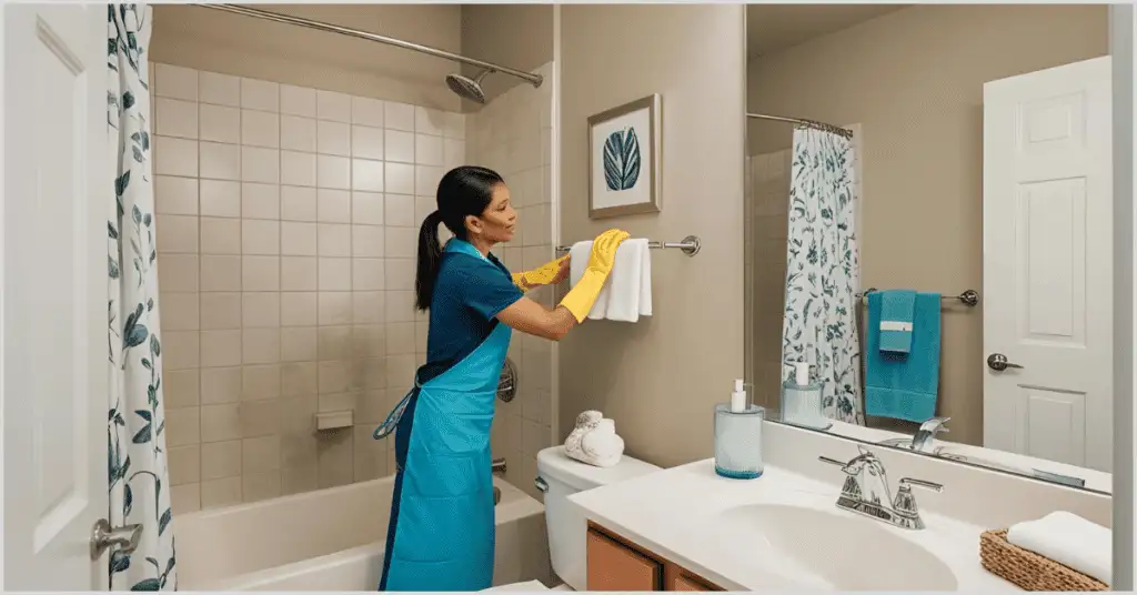 A young woman decorating a well-maintained bathroom, placing neatly folded towels and a small plant on the countertop to enhance its staged appearance.