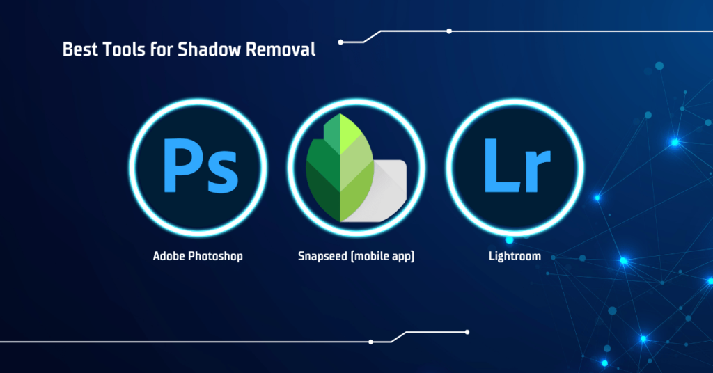 A visual showcasing three software tools—Photoshop, Snapseed, and Lightroom—used for shadow removal, helping photographers take a photo without shadow.