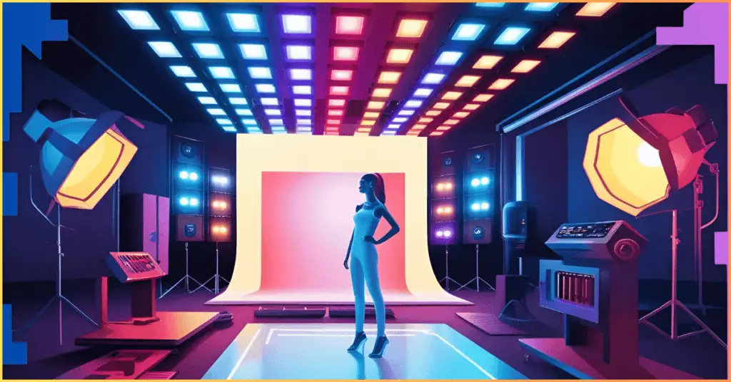 An AI-animated girl surrounded by futuristic AI-generated lighting effects, representing the future of lighting in photography.