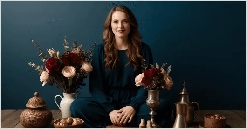 A girl sitting on a wooden surface with a golden flower pot and gold-material utensils, showcasing the use of props in staged photography.