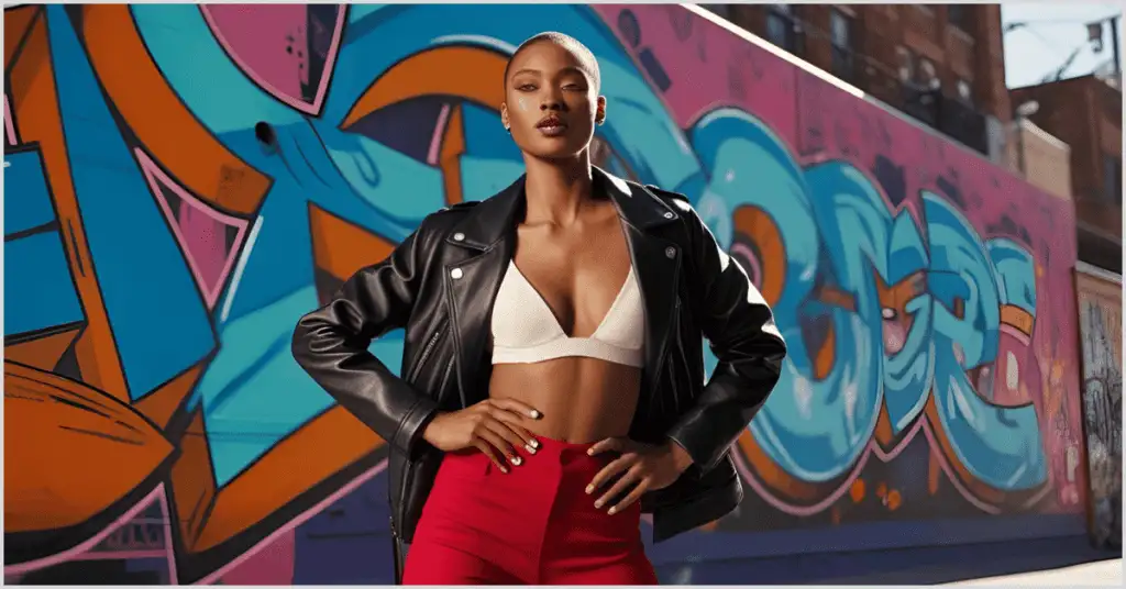 A Black girl standing outside next to a colorful wall on her right, representing thoughtful location selection in staged photography.