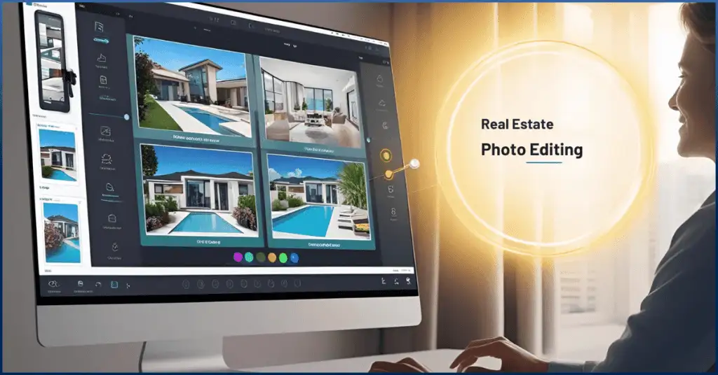 A woman editing house photos on a laptop using real estate photo editing software, enhancing colors and lighting.
