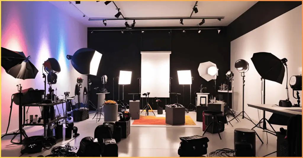 A collection of professional lighting equipment, including softboxes, LED lights, and reflectors, used in photography.