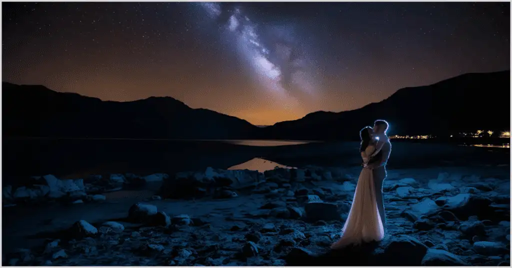 A couple embracing under the night sky with the Milky Way shining above, capturing a good time to take pictures outside with a magical and romantic atmosphere.