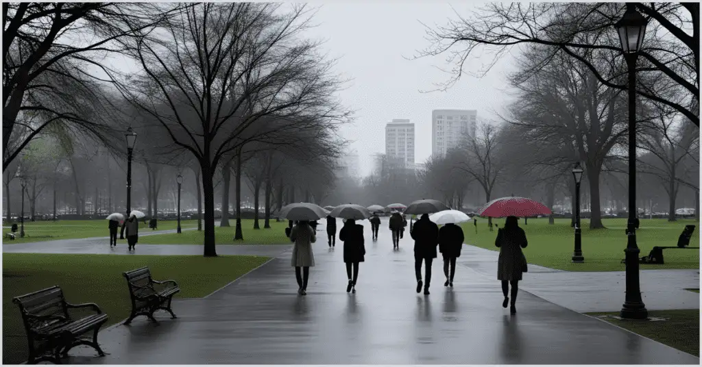People walking with umbrellas in a wet, overcast environment, demonstrating a good time to take pictures outside with soft and even lighting.