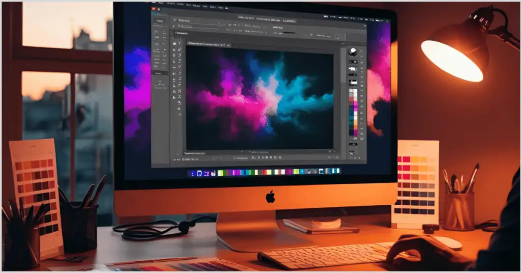 Photoshop open with color grading adjustments applied, creating a cinematic look.