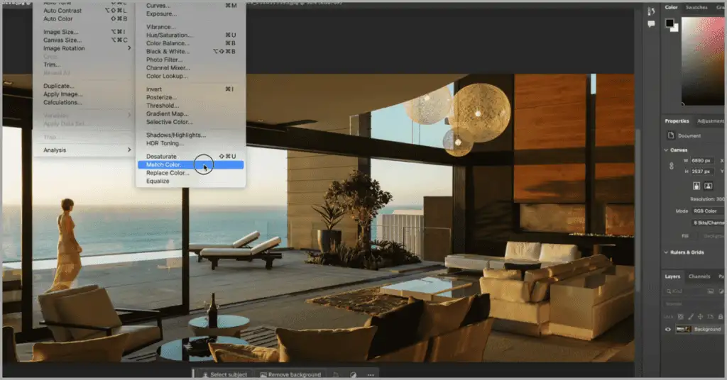 Photoshop's color match option open, demonstrating how to achieve consistent tones in images.