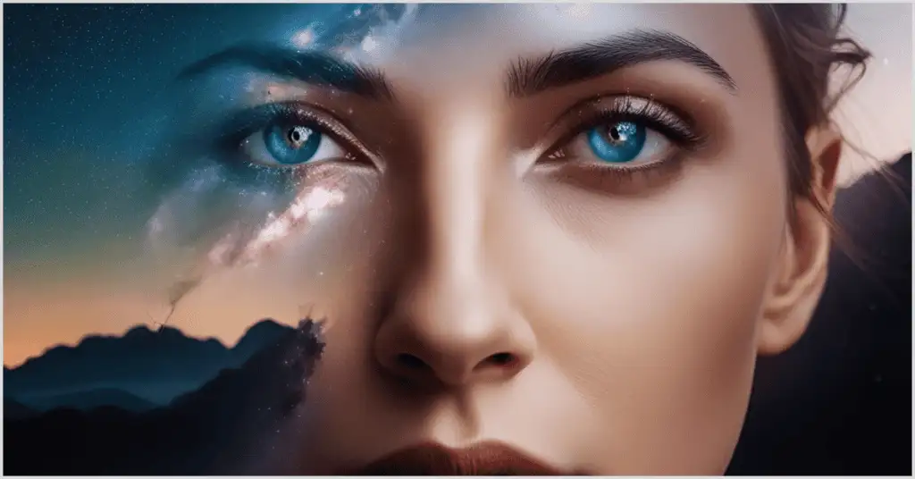 A creative double exposure edit featuring half of a girl's face blending into a twilight sky with striking blue eyes.
