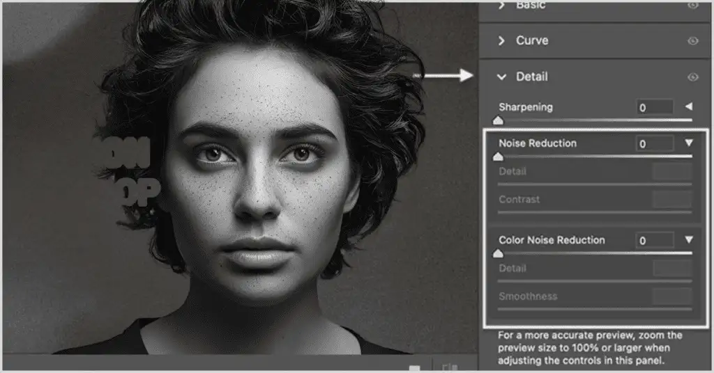 Photoshop noise reduction panel open with a black and white portrait of a girl.