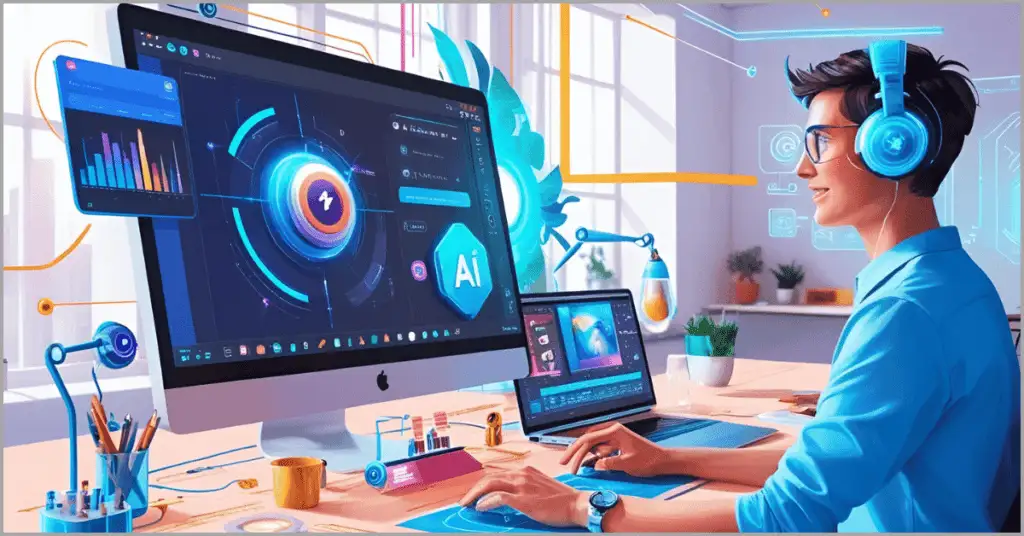 An animated character working on AI software, enhancing images with smart editing tools.
