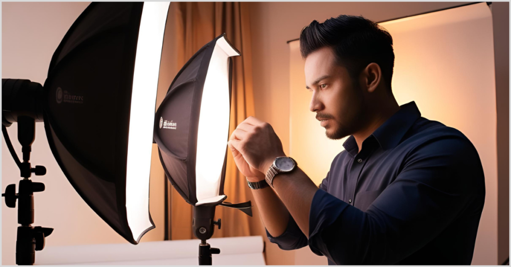 A man adjusting lighting equipment for a portrait photography setup, ensuring optimal light positioning.