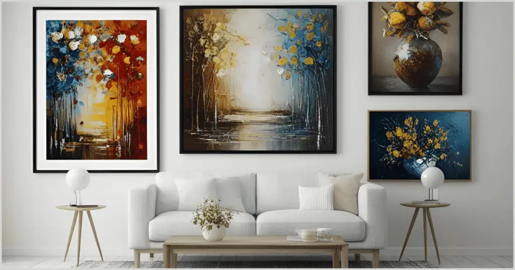 A sofa placed against a wall adorned with artistic paintings, representing the use of staged photography in fine art.