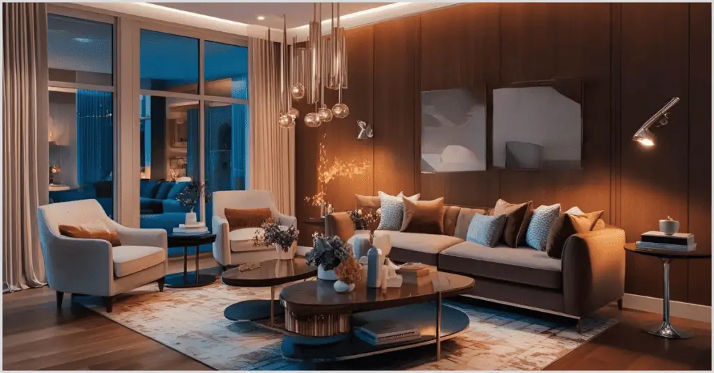 A beautifully designed interior space with elegant lighting, showcasing professional home staging.