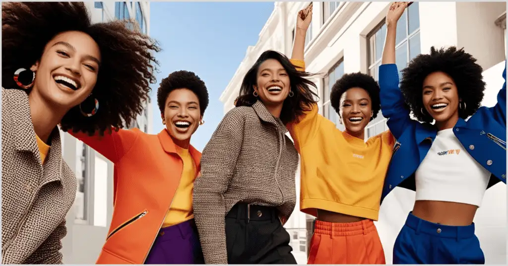 Five girls wearing stylish outfits, laughing, and looking at the camera, representing the impact of staged photography in advertising.