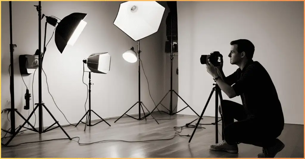 A man holding a camera in a well-lit room with artificial lighting, demonstrating lighting and photography techniques.