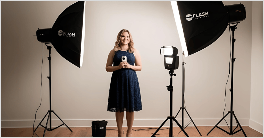 A girl standing between two flash lights, demonstrating effective lighting techniques to take a photo without shadow.
