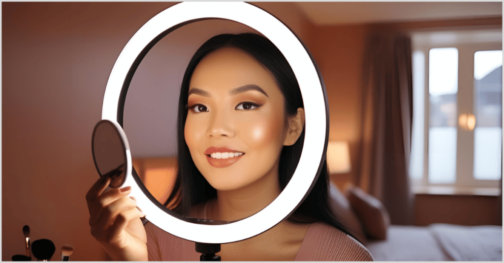 A girl posing with a ring light, creating even and flattering illumination for her photoshoot.