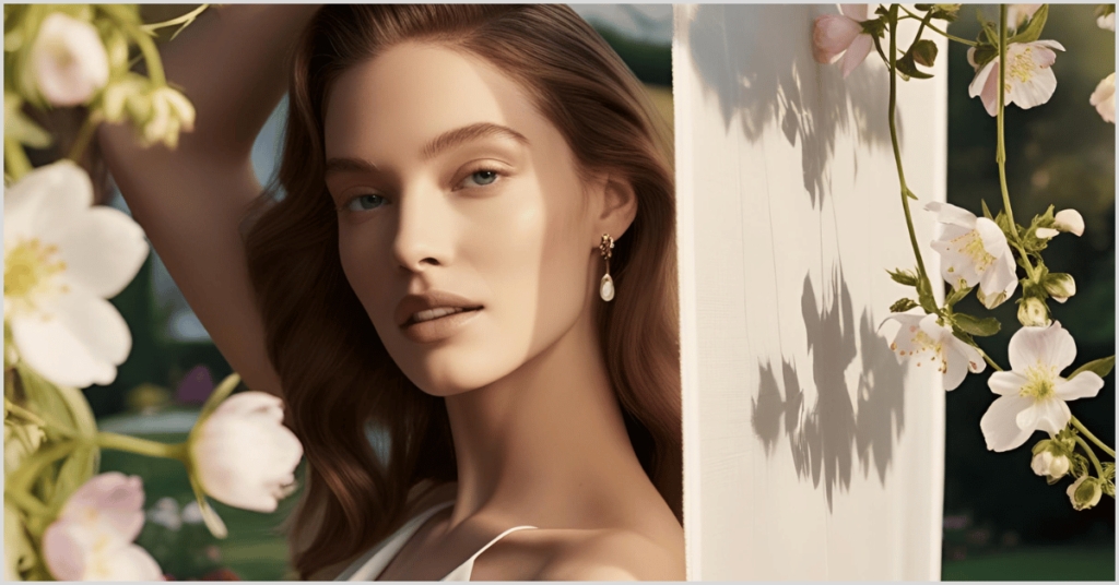 A girl posing for a portrait outdoors, surrounded by flowers, while using a scrim to take a photo without shadow.