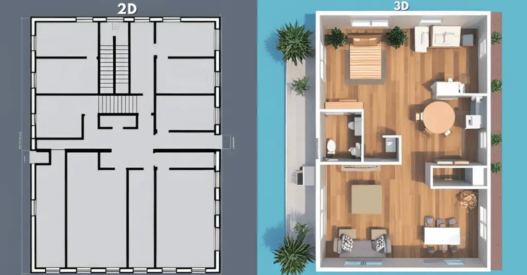 Comparison of 2D and 3D floor plans for realtors showing a side-by-side view with a simple 2D layout on the left and a detailed 3D rendering with furniture on the right.