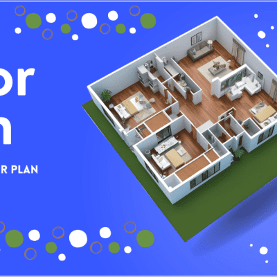 A 3D floor plan of a house with furnished rooms, displayed on a blue background with the text Floor Plan and Real Estate Floor Plan Drawings by Pixelshouters