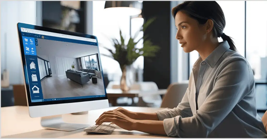A professional working on a computer displaying a virtual remodel of a modern living room, emphasizing the benefits of virtual remodel technology.