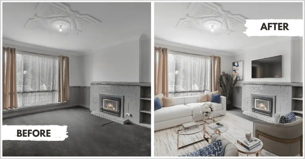 Before and after comparison of a room enhanced through commercial staging.