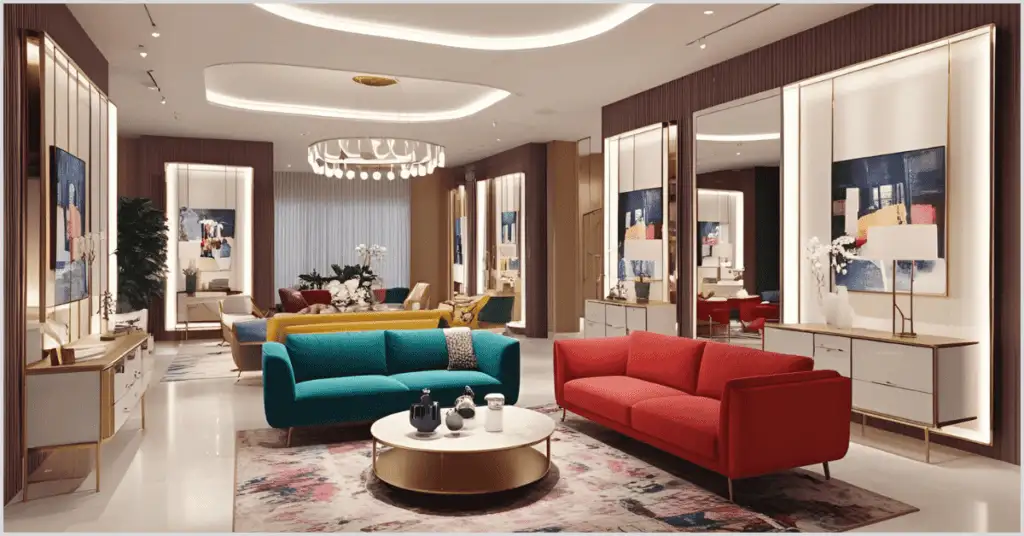 A stylish living room with a teal sofa, red sofa, and yellow armchairs, centered around a round coffee table with decor, under a modern chandelier, featuring plants, artwork, and illuminated wall panels, showcasing "Digital Furniture for Real Estate" benefits.