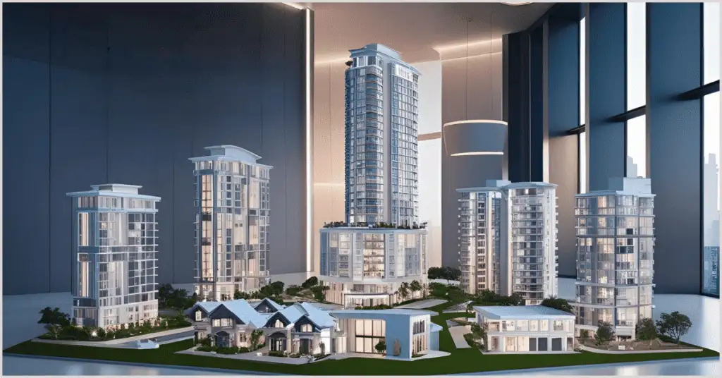 A detailed model of a modern urban development with multiple high-rise buildings and landscaped areas, showcasing real estate renderings.